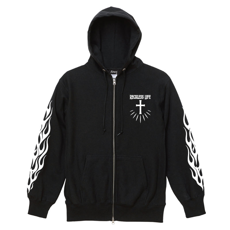 ✦12oz✦裏起毛SWEAT ZIP HOODIE BK/Graveyard LG&FLAMES✦