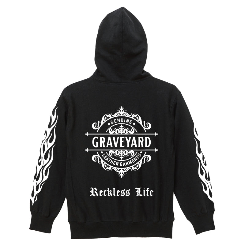 ✦12oz✦裏起毛SWEAT ZIP HOODIE BK/Graveyard LOGO&FLAMES✦10月初旬納品プレオーダー✦