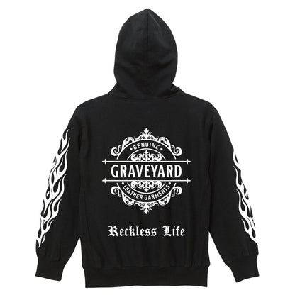 ✦12oz✦裏起毛SWEAT ZIP HOODIE BK/Graveyard LOGO&FLAMES✦10月初旬納品プレオーダー✦