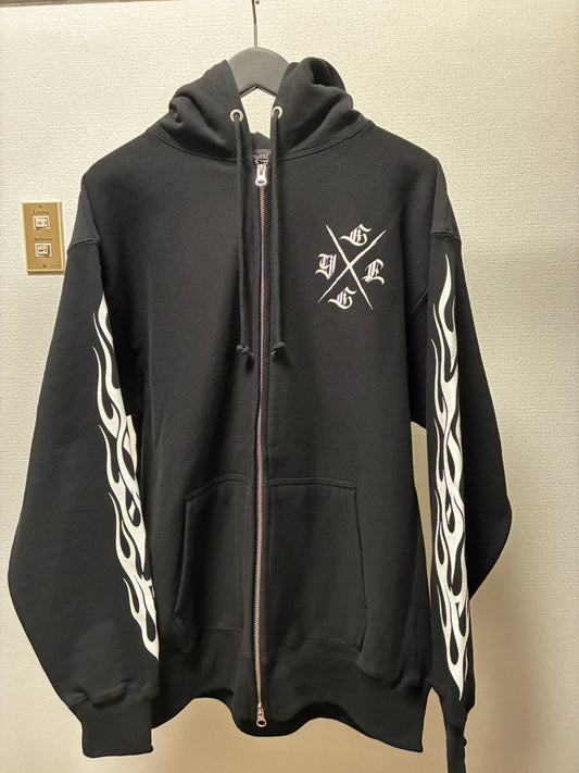 ✦12oz✦裏起毛SWEAT ZIP HOODIE BK/Graveyard LOGO&FLAMES✦11月中旬〜12月初旬納品プレオーダー✦