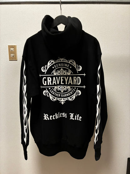 ✦12oz✦裏起毛SWEAT ZIP HOODIE BK/Graveyard LOGO&FLAMES✦