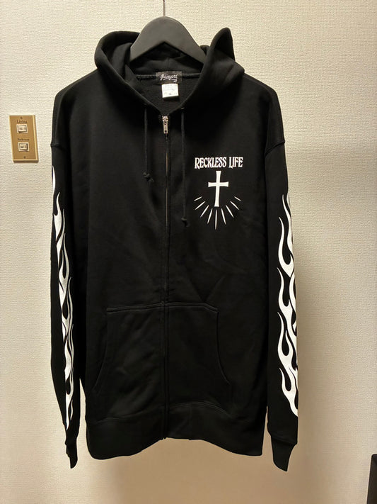 ✦12oz✦裏起毛SWEAT ZIP HOODIE BK/Graveyard LG&FLAMES✦11月中旬〜12月初旬納品プレオーダー✦