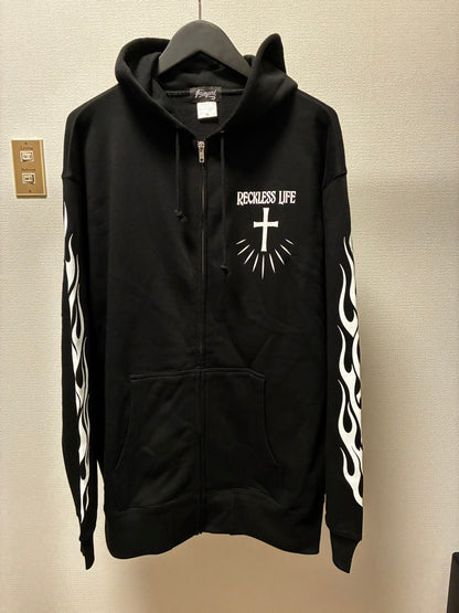 ✦10oz✦SWEAT ZIP HOODIE BK/Graveyard LG&FLAMES✦