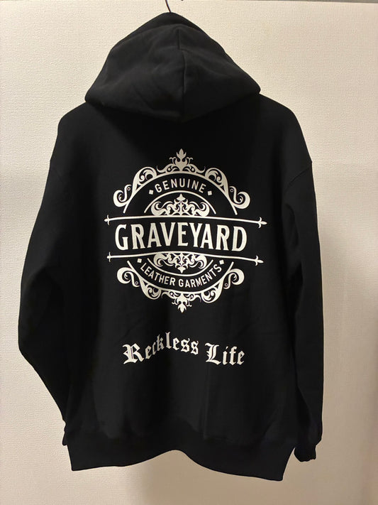 ✦SOLD OUT✦L/S 12oz Fleece Lined Sweat W-ZIP Hoodie BLACK ✦Rose&Graveyard LOGO✦